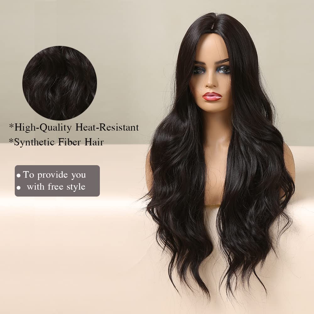 Long Wavy Black Brown Wig for Women (Heat Resistant, Natural)