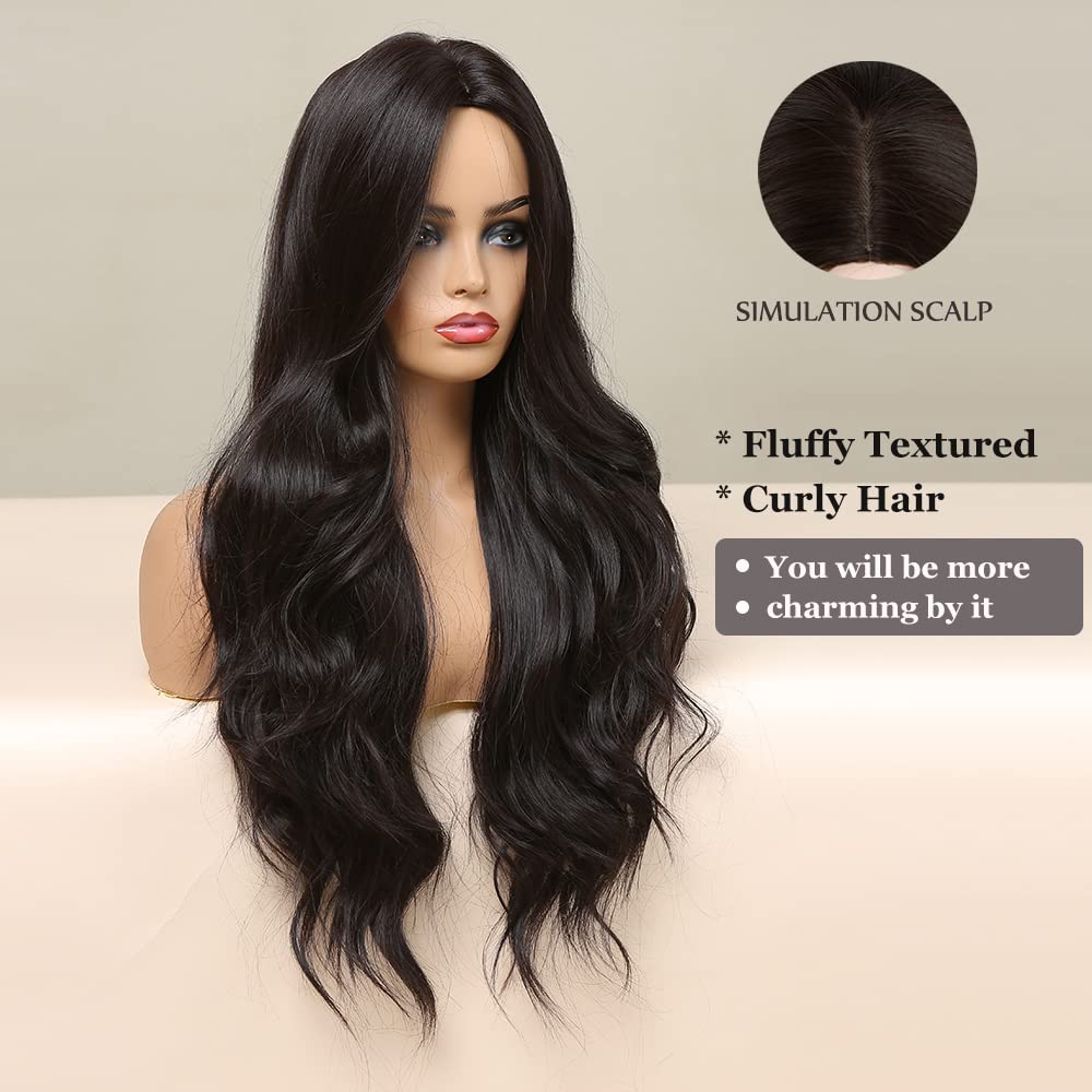 Long Wavy Black Brown Wig for Women (Heat Resistant, Natural)